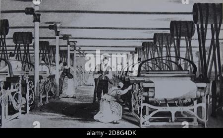 English spinning mill, 1830. Engraving. Stock Photo