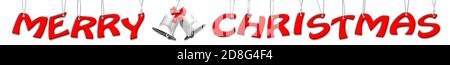 MERRY CHRISTMAS banner - hanging lettering in red framed decorative ribbon with silver bells - isolated on white background - 3D-illustration Stock Photo