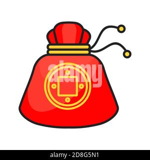 Red Chinese money bag with pattern and traditional ornament. Stock Vector