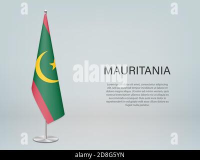 Mauritania hanging flag on stand. Template forconference banner Stock Vector