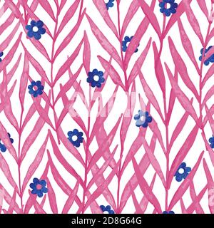 Pink watercolor leaves with flowers seamless pattern. Vector pattern illustration for surface design, print, poster, icon, web, graphic designs. Stock Vector