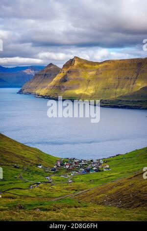 Panorama of mountains around village of Funningur on Faroe Islands