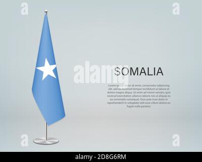 Somalia hanging flag on stand. Template forconference banner Stock Vector