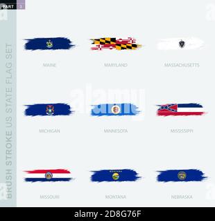 Grunge abstract brush stroke flag set of US States, nine different flag. US State vector flag set, part 3. Stock Vector
