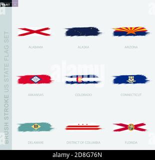 Grunge abstract brush stroke flag set of US States, nine different flag. US State vector flag set, part 1. Stock Vector