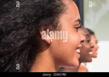 Multi-ethnic beauty. Different ethnicity women. Latin, african and asian faces. Racism and friendship concept. Stock Photo