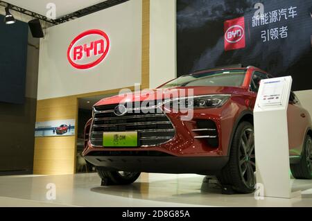 In this unlocated and undated photo, both the model and the logo of BYD Auto, the automotive subsidiary of the Chinese multinational BYD Co Ltd, are s Stock Photo