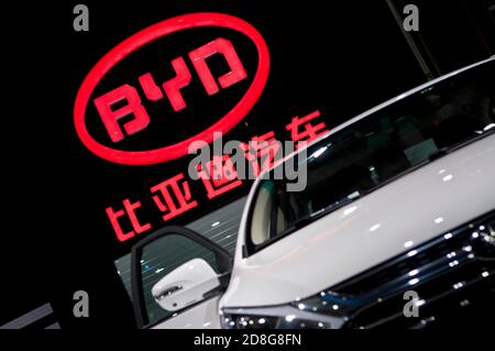 In this unlocated and undated photo, both the model and the logo of BYD Auto, the automotive subsidiary of the Chinese multinational BYD Co Ltd, are s Stock Photo