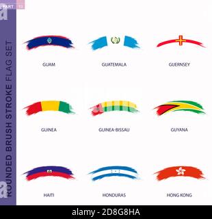 Rounded grunge brush stroke flag set, flags of Guam, Guatemala, Guernsey, Guinea, Guinea-Bissau, Guyana, Haiti, Honduras, Hong Kong Stock Vector