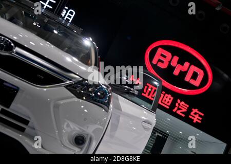 In this unlocated and undated photo, both the model and the logo of BYD Auto, the automotive subsidiary of the Chinese multinational BYD Co Ltd, are s Stock Photo