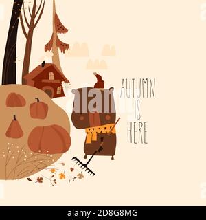 Cute cartoon bear pick leaves in the yard Stock Vector