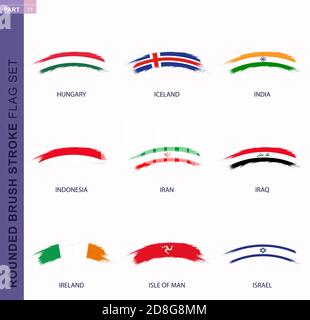 Rounded grunge brush stroke flag set, flags of Hungary, Iceland, India, Indonesia, Iran, Iraq, Ireland, Isle of Man, Israel Stock Vector