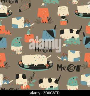 Seamless pattern with cute crazy cats and Christmas elements Stock Vector