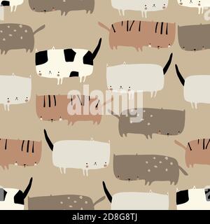 Seamless pattern with cute funny cats on beige background Stock Vector