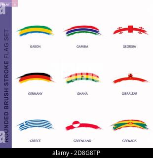 Rounded grunge brush stroke flag set, flags of Gabon, Gambia, Georgia, Germany, Ghana, Gibraltar, Greece, Greenland, Grenada Stock Vector