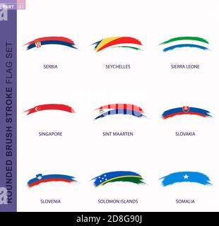 Rounded grunge brush stroke flag set, flags of Serbia, Seychelles, Sierra Leone, Singapore, Sint Maarten, Slovakia, Slovenia, Solomon Islands, Somalia Stock Vector