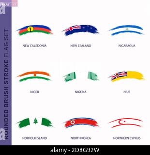 Rounded grunge brush stroke flag set, flags of New Caledonia, New Zealand, Nicaragua, Niger, Nigeria, Niue, Norfolk Island, North Korea, Northern Cypr Stock Vector