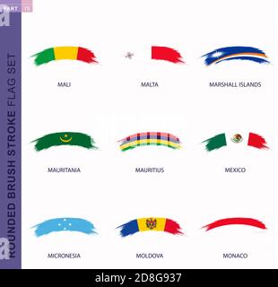 Rounded grunge brush stroke flag set, flags of Mali, Malta, Marshall Islands, Mauritania, Mauritius, Mexico, Micronesia, Moldova, Monaco Stock Vector