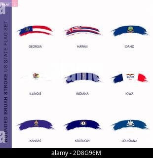 Rounded grunge brush stroke US states flag set, state flags of Georgia, Hawaii, Idaho, Illinois, Indiana, Iowa, Kansas, Kentucky, Louisiana Stock Vector