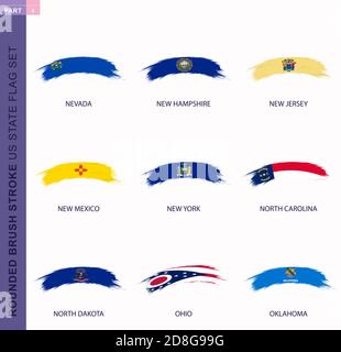 Rounded grunge brush stroke US states flag set, state flags of Nevada, New Hampshire, New Jersey, New Mexico, New York, North Carolina, North Dakota, Stock Vector