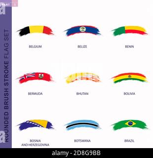 Rounded grunge brush stroke flag set, flags of Belgium, Belize, Benin, Bermuda, Bhutan, Bolivia, Bosnia and Herzegovina, Botswana, Brazil Stock Vector