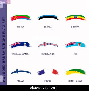 Rounded grunge brush stroke flag set, flags of Eritrea, Estonia, Ethiopia, Falkland Islands, Faroe Islands, Fiji, Finland, France, French Guiana Stock Vector