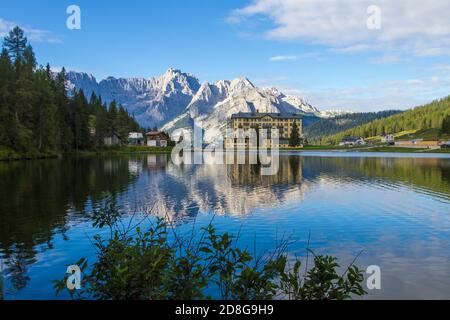 View of Misurina's lake in a clear summer's morning Stock Photo