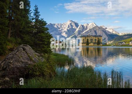 View of Misurina's lake in a clear summer's morning Stock Photo