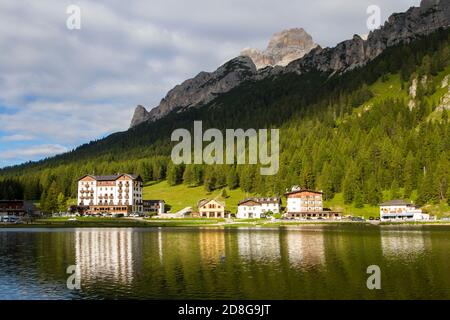 View of Misurina's lake in a clear summer's morning Stock Photo