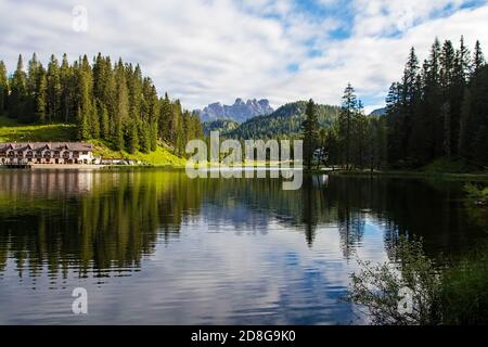 View of Misurina's lake in a clear summer's morning Stock Photo