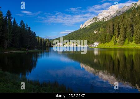 View of Misurina's lake in a clear summer's morning Stock Photo