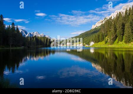 View of Misurina's lake in a clear summer's morning Stock Photo