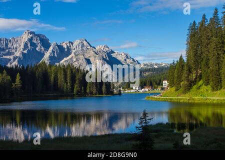 View of Misurina's lake in a clear summer's morning Stock Photo