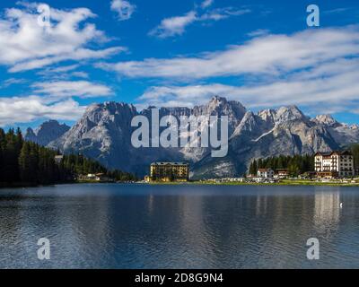 View of Misurina's lake in a clear summer's morning Stock Photo