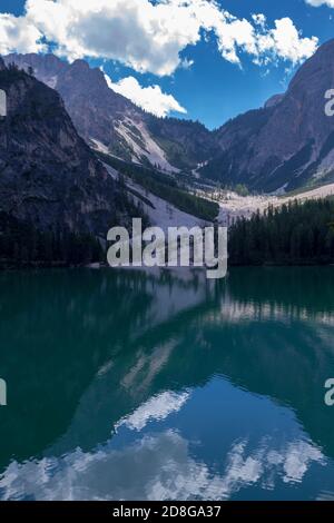 View of Braies lake in the Dolomites mountains during the summer Stock Photo