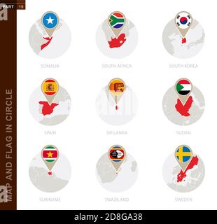 Swaziland Map with Round Swaziland Flag Pin Pointer on Circular Globe ...
