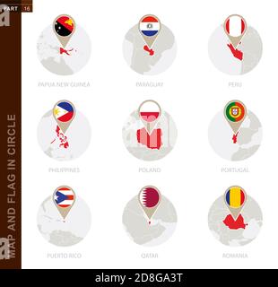 Qatar Map with Round Qatar Flag Pin Pointer on Circular Globe. Vector ...