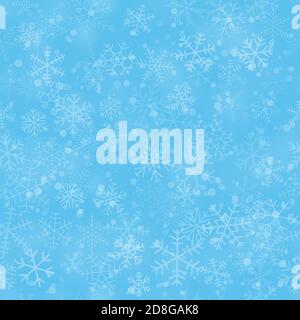 Christmas seamless pattern of snowflakes of different shapes, sizes and transparency, on light blue background Stock Vector
