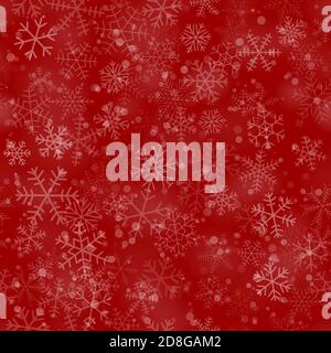 Christmas seamless pattern of snowflakes of different shapes, sizes and transparency, on red background Stock Vector