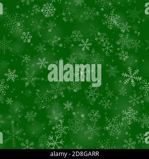Christmas seamless pattern of snowflakes of different shapes, sizes and transparency, on green background Stock Vector
