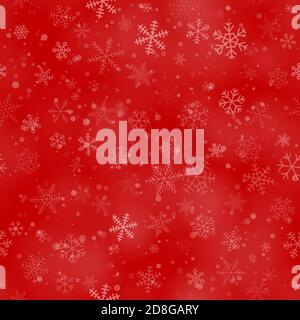 Christmas seamless pattern of snowflakes of different shapes, sizes and transparency, on red background Stock Vector