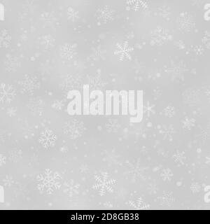 Christmas seamless pattern of snowflakes of different shapes, sizes and transparency, on gray background Stock Vector