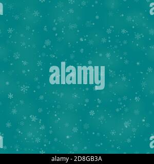 Christmas seamless pattern of snowflakes of different shapes, sizes and transparency, on turquoise background Stock Vector