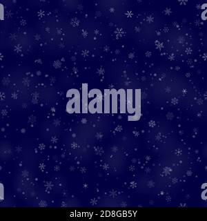 Christmas seamless pattern of snowflakes of different shapes, sizes and transparency, on dark blue background Stock Vector