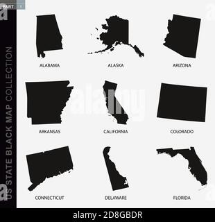 Black map collection of USA states, black contour maps. US state map collection Part 1. Stock Vector