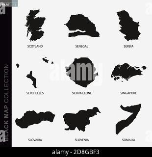 Black map collection, black contour maps of World. Map collection Part 19. Stock Vector