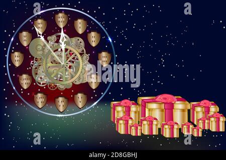 Christmas and New Year banner with gold clock, gifts boxes, stars and copy space. Christmas and New Year posters design template. Vector illustration Stock Vector