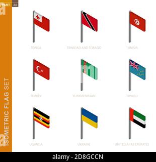 Isometric flag set, Flagpole in Isometric dimension. Collection of nine 3D vector flag. Stock Vector