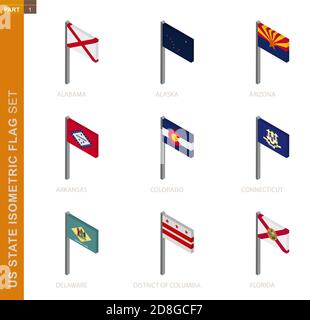 US state Isometric flag set, Flagpole in Isometric dimension. Collection of nine 3D vector US state flag. Stock Vector