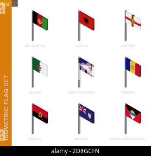 Isometric flag set, Flagpole in Isometric dimension. Collection of nine 3D vector flag. Stock Vector